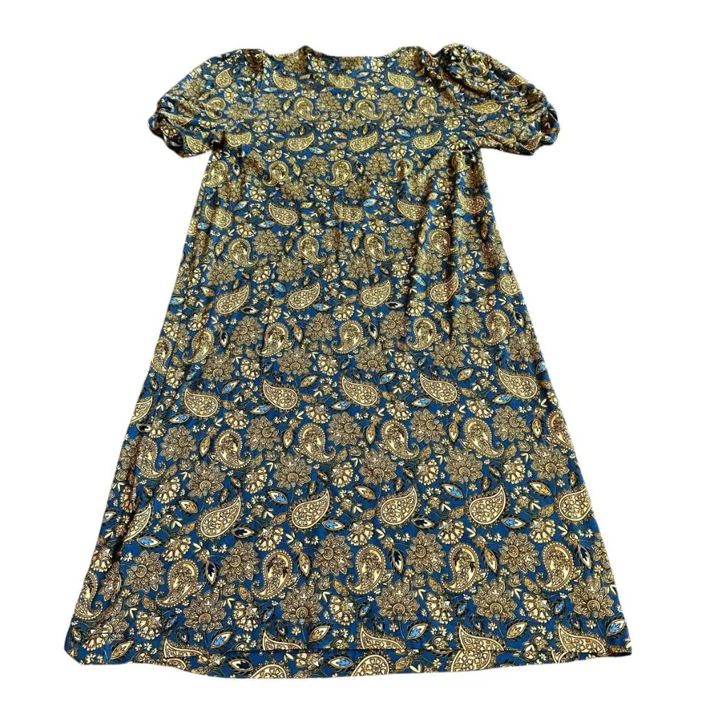 Boden Short Sleeve Jersey Knit Shirt Dress Stretch Gold Paisley Size 6R NWT Blue - Image 5