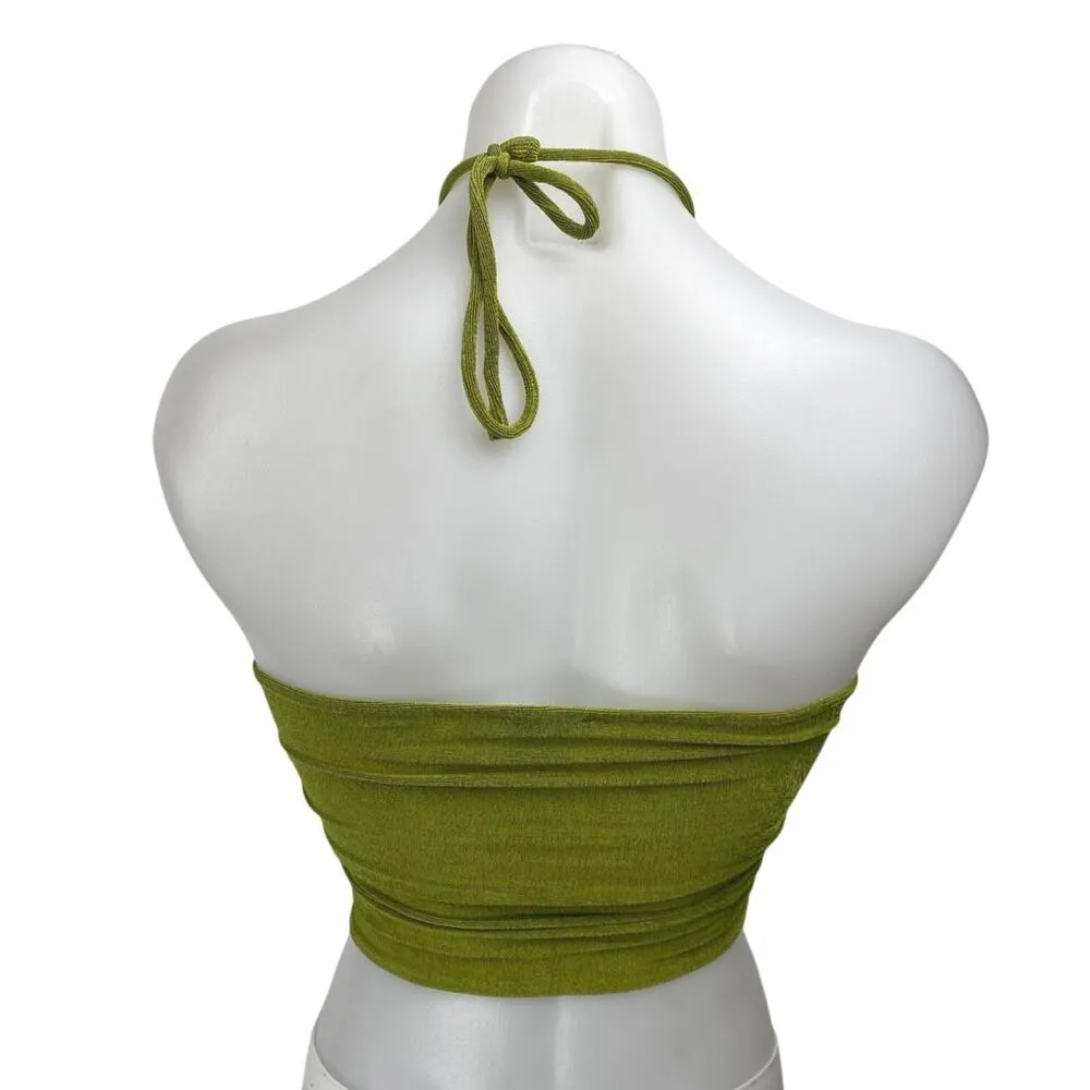 Princess Polly Green Ribbed Knit Halter Sleeveless Cutout Tie Crop Top Size 4 - Image 2