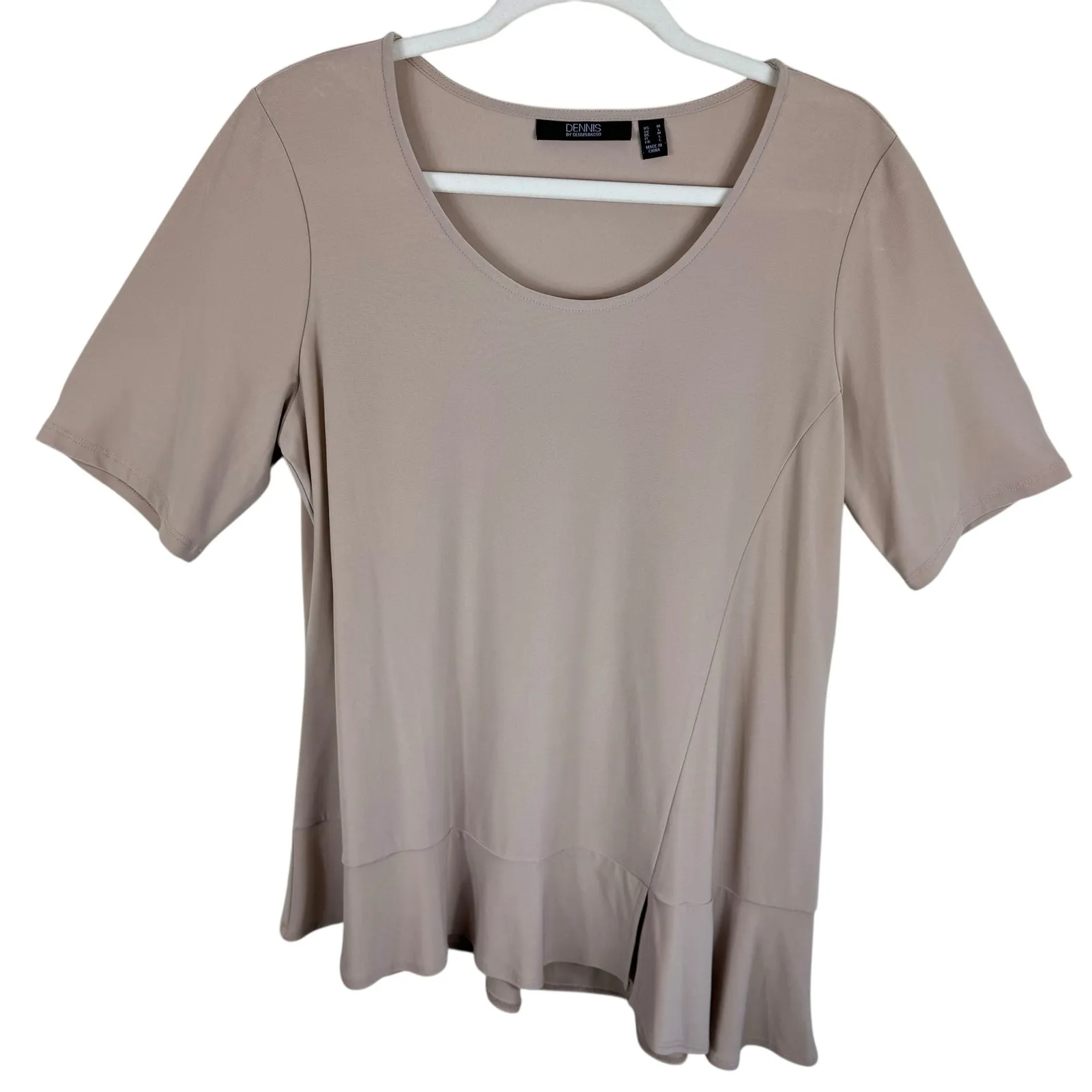 Dennis By Dennis Basso Light Sand Short Sleeve Asymmetrical Hem Stretch Blouse M - Image 2