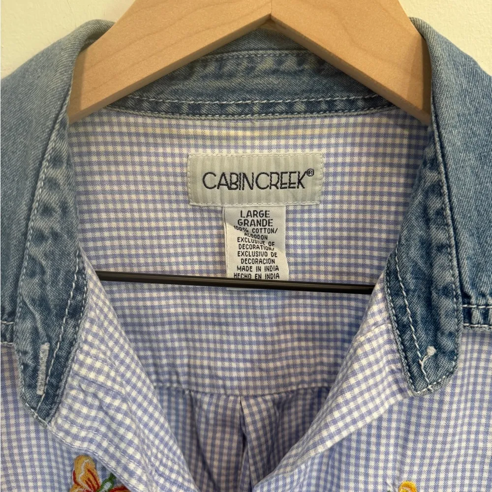 Embroidered Gingham Button Down with Denim Collar - Image 3