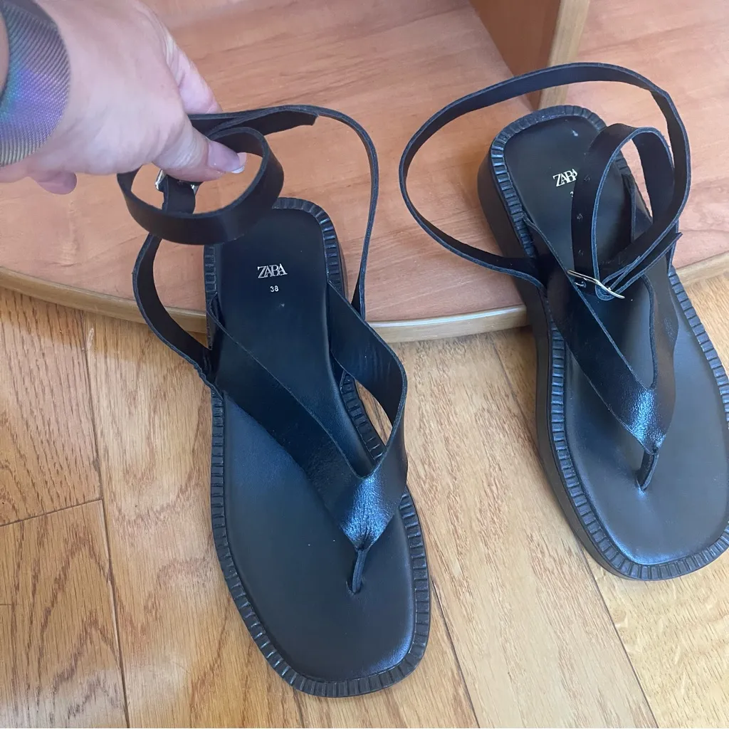 Zara Black Leather Ankle Strap Thong Sandals - Minimalist - Size 38 (US 7.5) - Image 5