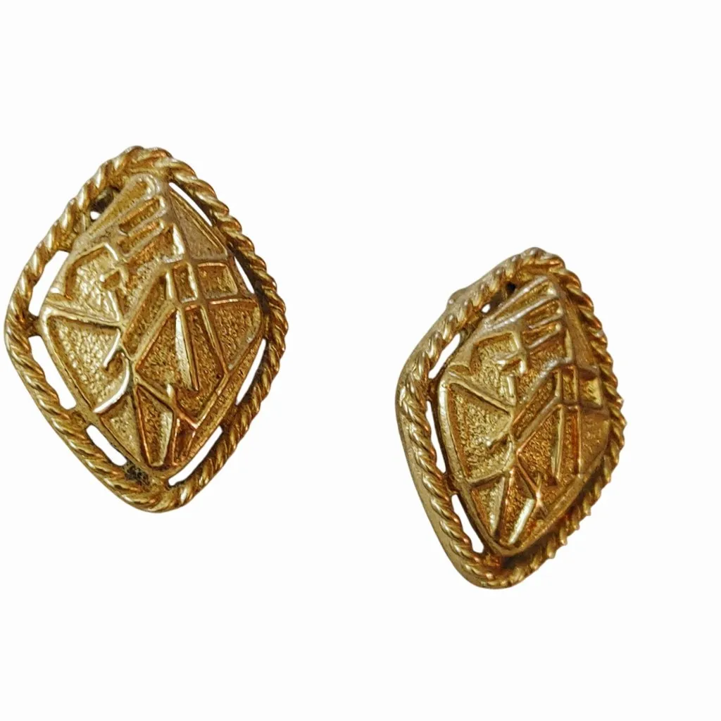 Sarah Coventry Teahouse Clip On Earrings Vintage Asian Abstract Gold Tone Design - Image 3