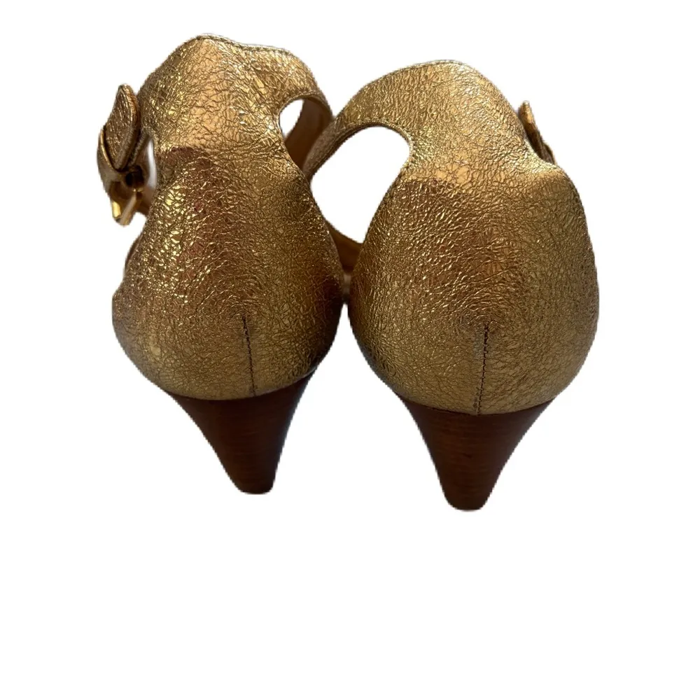 Tory Burch Gold Savannah Wedge Sandal Logo Wedges Heels Size 10 Crackle Metallic - Image 5