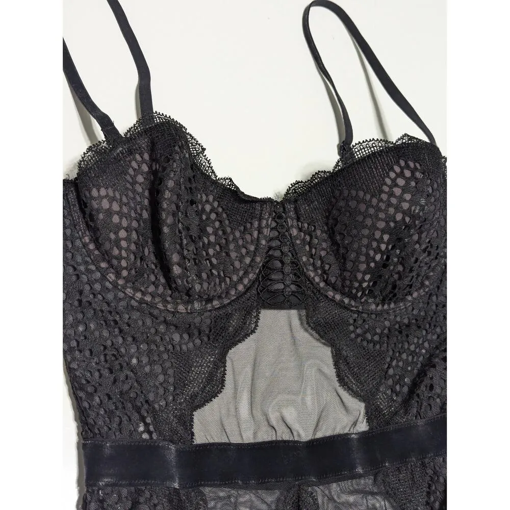 Victoria's Secret Mesh Velvet Teddy Lingerie One Piece Womens 34B Black Sexy - Image 3