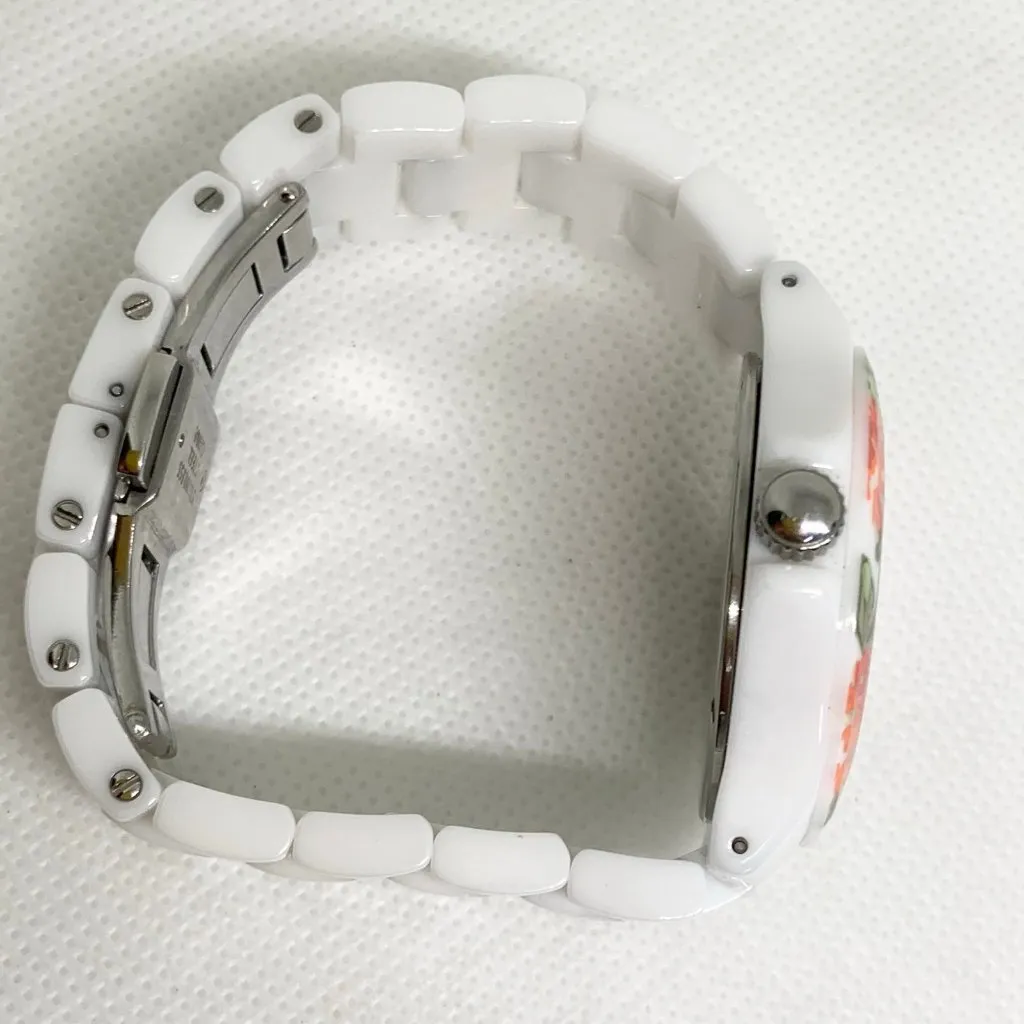 Isaac Mizrahi Live! White Ceramic Watch mop  Dial Floral bezel 35mm running - Image 8