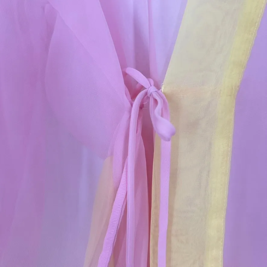 Vintage 90s Victoria's Secret Pink Sheer Chiffon Long Robe Kimono Yellow Trim - Image 6