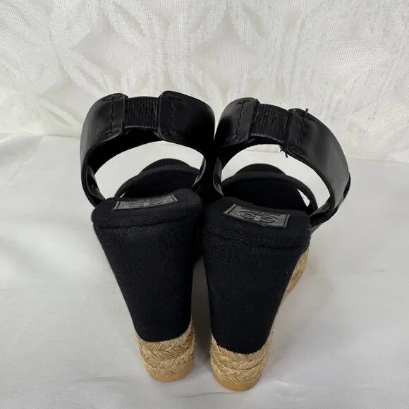 Tory Burch‎ Black 2 Band Canvas Wedge Sandals Size 7 - Image 4