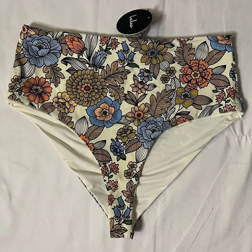 Lulus Sun Soaked Cream Floral Print High Waisted Bikini Bottoms Medium - Image 4