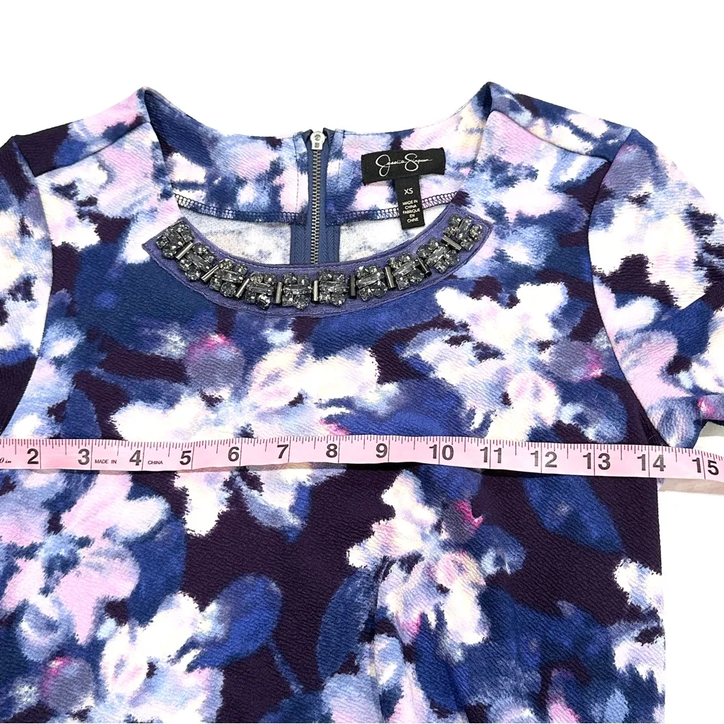 Jessica Simpson Purple Blue Floral Dress w. Rhinestone Neckline Embellishment - Image 6