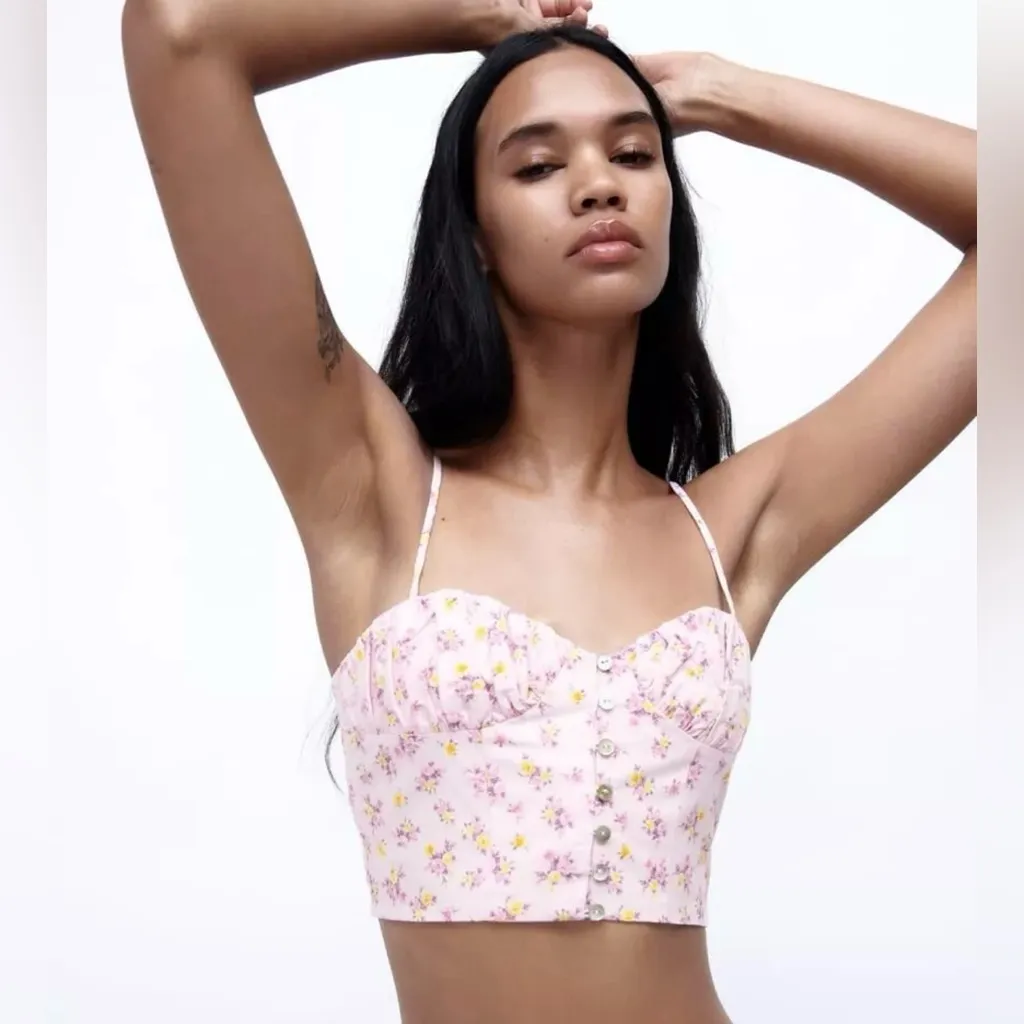 ZARA Floral‎ Printed Sweetheart Neck Linen Blend Crop Top Pink & Purple Size XS - Image 2