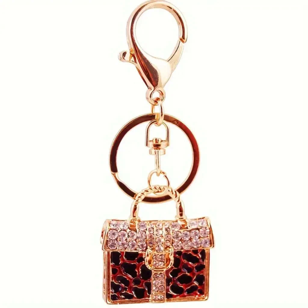 Bag Charm Gold red/black Leopard Print Purse Keychain - Image 3