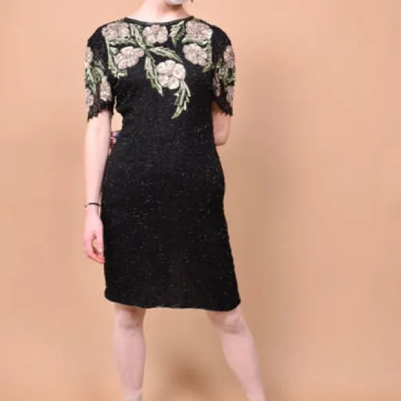 Vintage SCALA 100% Silk Fully Beaded Floral Midi Dress Formal Cocktail Large - Image 4