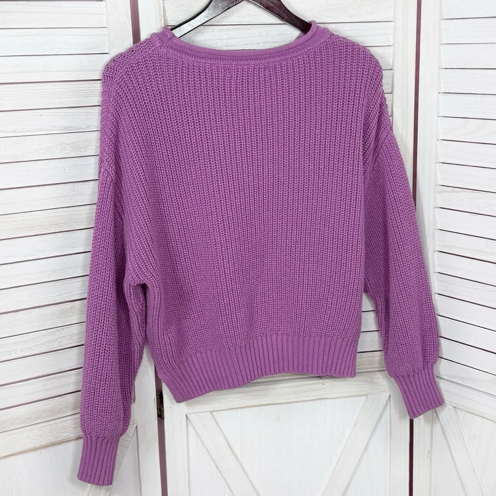 Moon & Madison Ribbed Shaker Knit Rolled Collar Pocket Crop Sweater Purple Large - Image 8