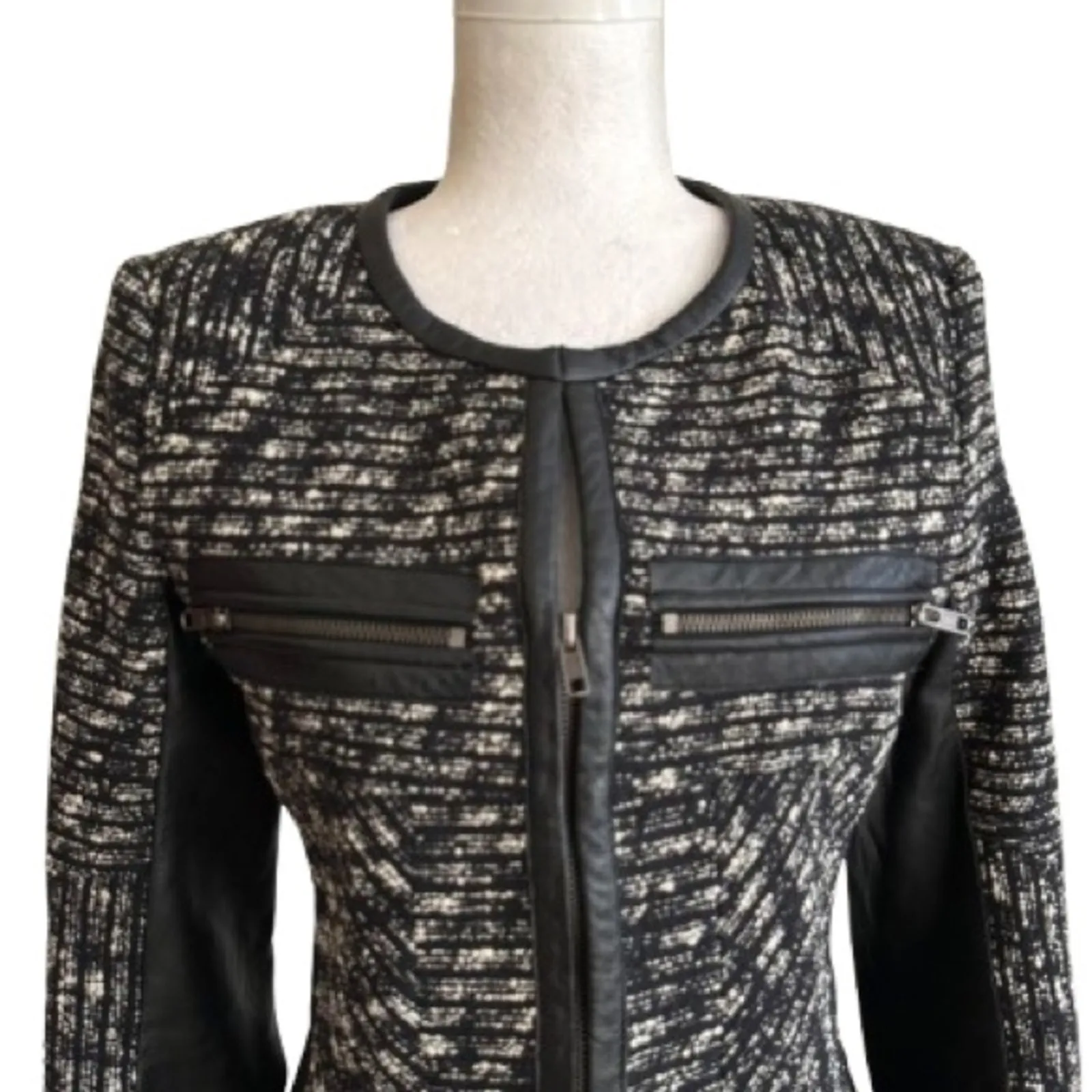 Parker Jacket Blazer Nolita Black White Tweed Lambs Leather Collarless Small - Image 3