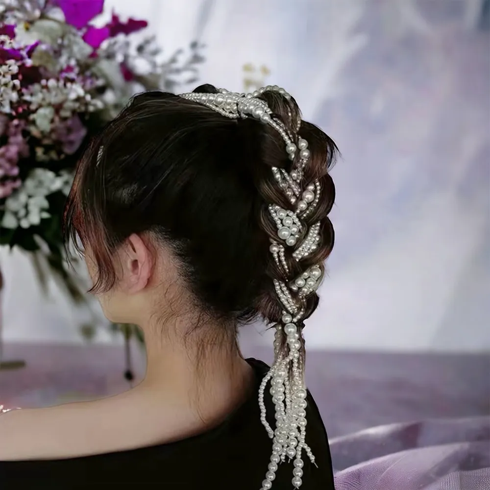 Faux Pearl‎ Braiding Hair Chain Sweet Hair Ropes Hair Styling Hair Accessories White - Image 2