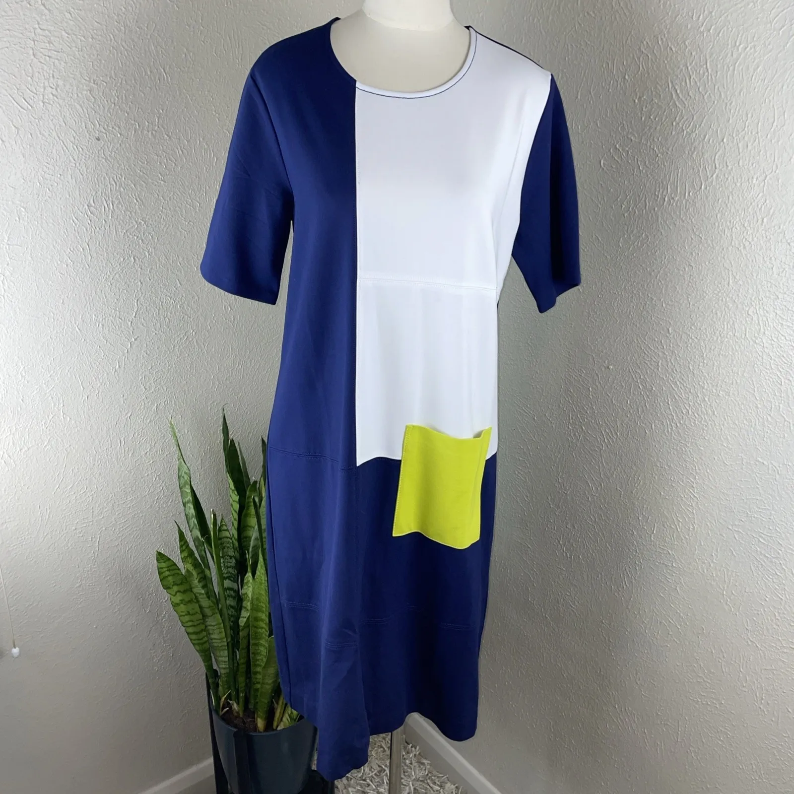 Joan‎ Vass Colorblock Shift Dress Navy White Yellow Pocket Retro Mod - Image 2