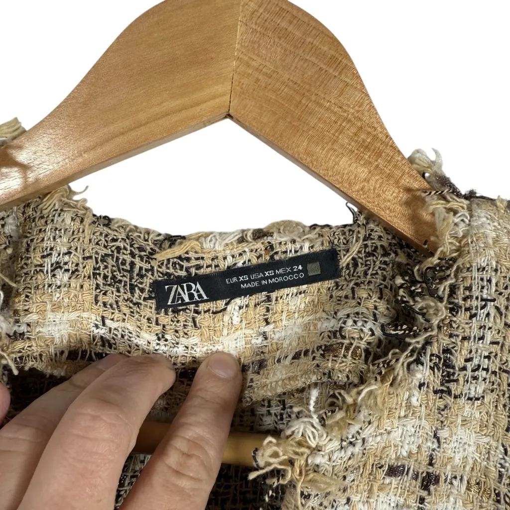 Zara Women’s Tweed Plaid Leather Pocket Shift Mini Dress Beige Size XS - Image 4