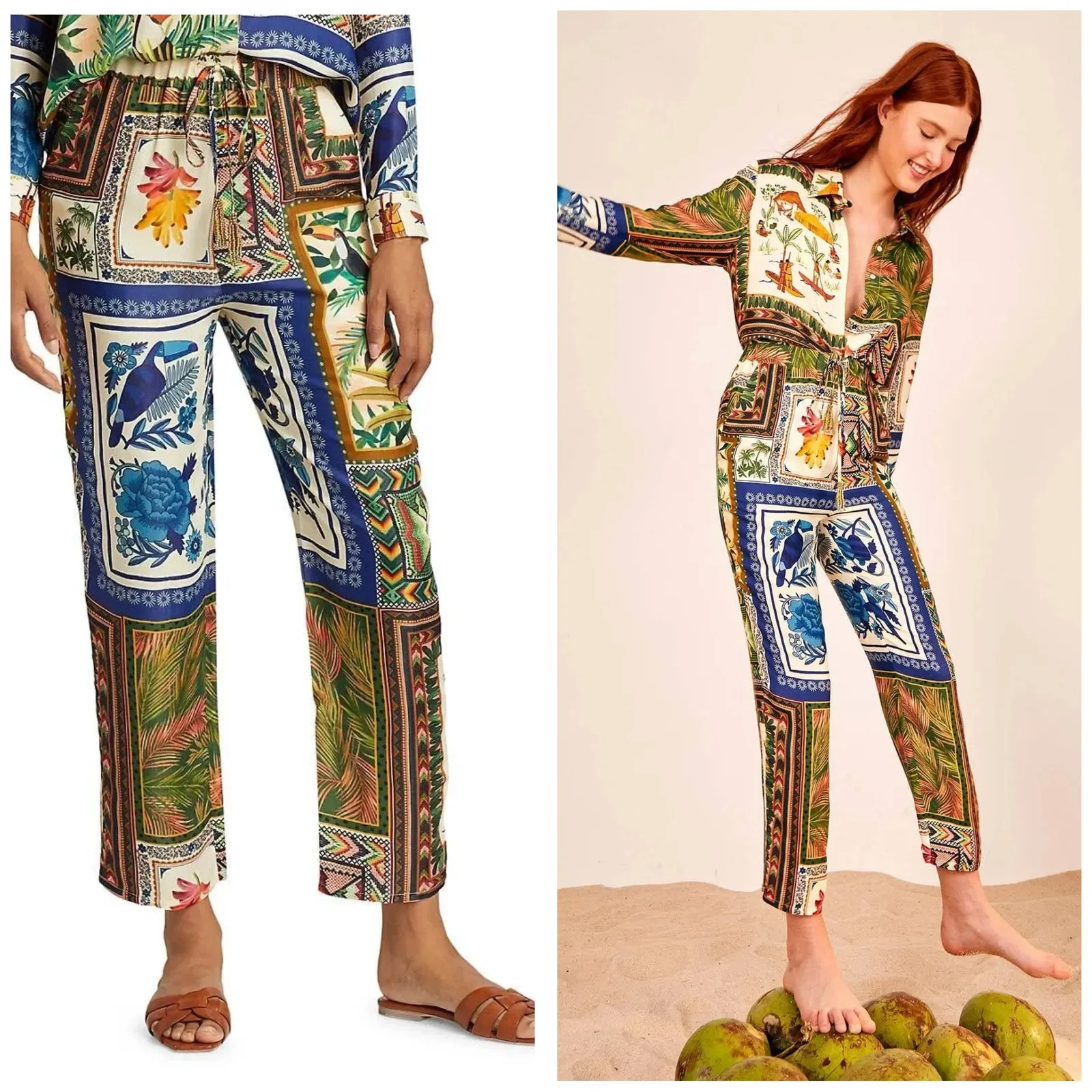 Farm Rio Mixed Scarves Satin Pants Size XS Mix Print Tassel Boho Multicolor - Image 15