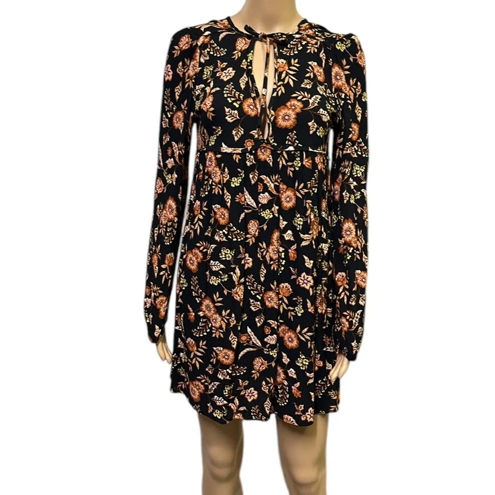 Billabong Hearts Desire Long Sleeve Babydoll Dress Black Orange Womens Small - Image 2