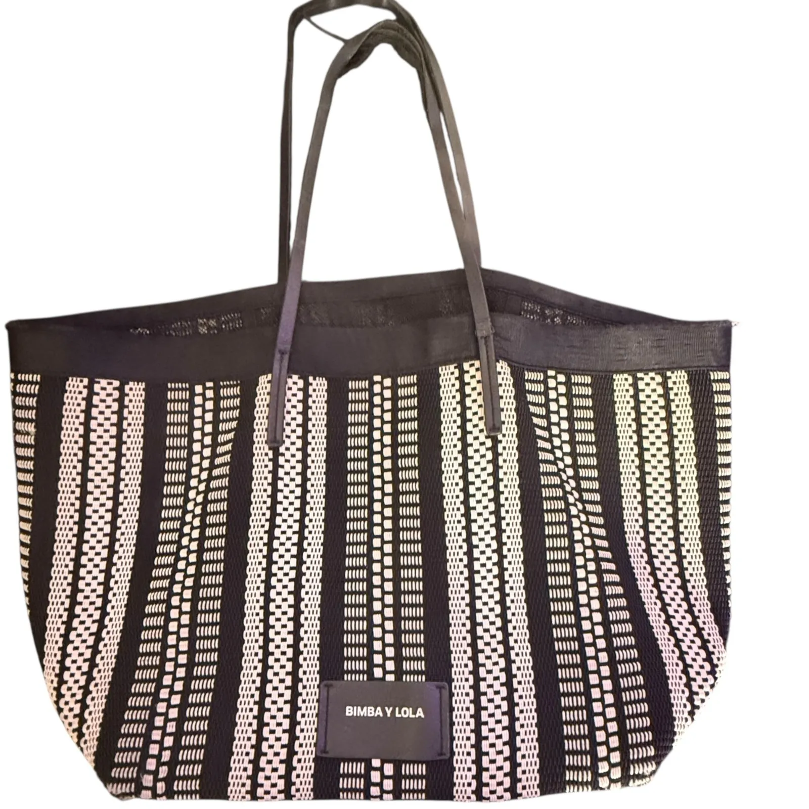 Bimba y Lola large‎ Plaited Shopper Tote Bag Black Woven Striped Beach Vacation - Image 3