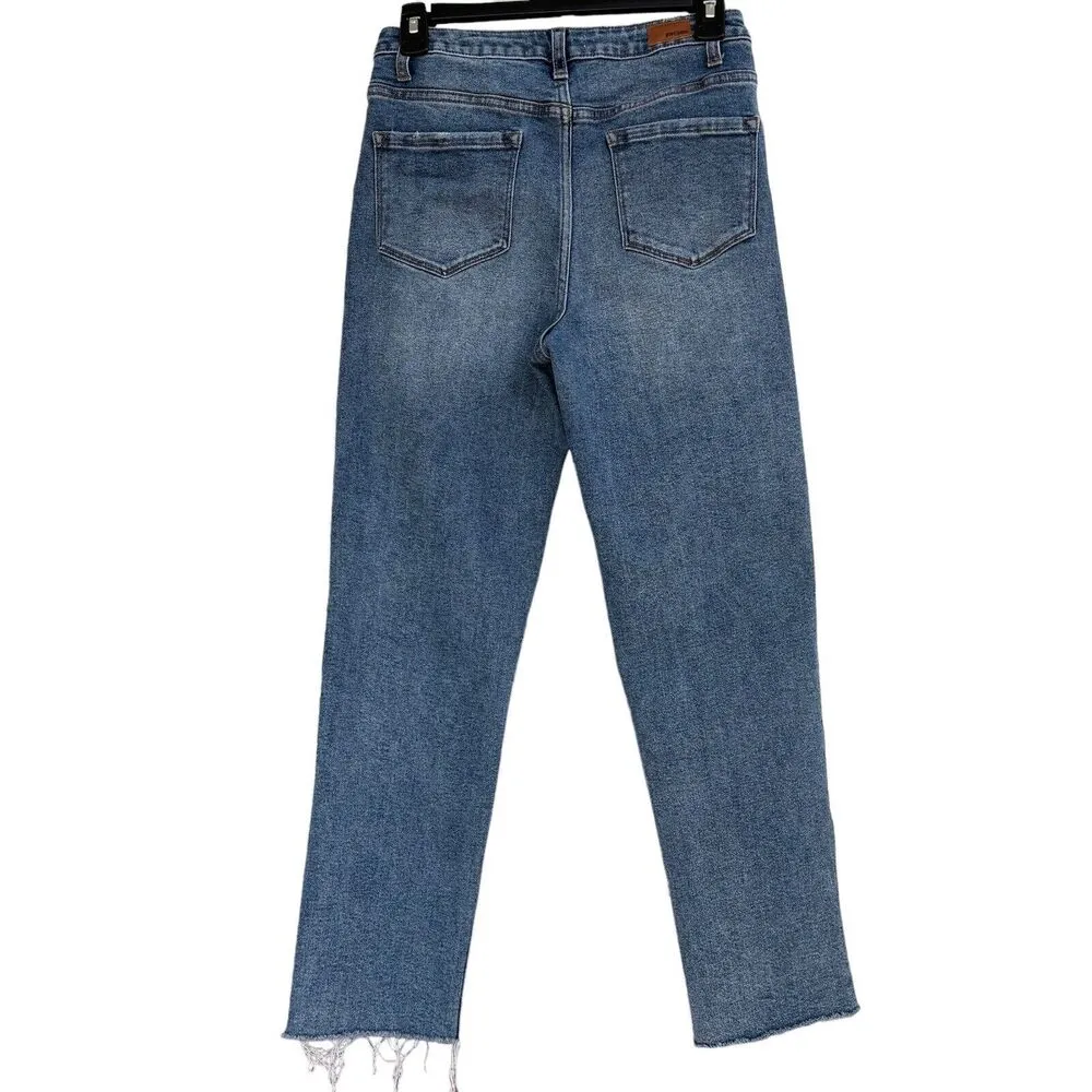 RSQ SZ 27 High-Rise Straight Jeans Zip-Fly Frayed Hems Stretch Medium Wash Blue - Image 3