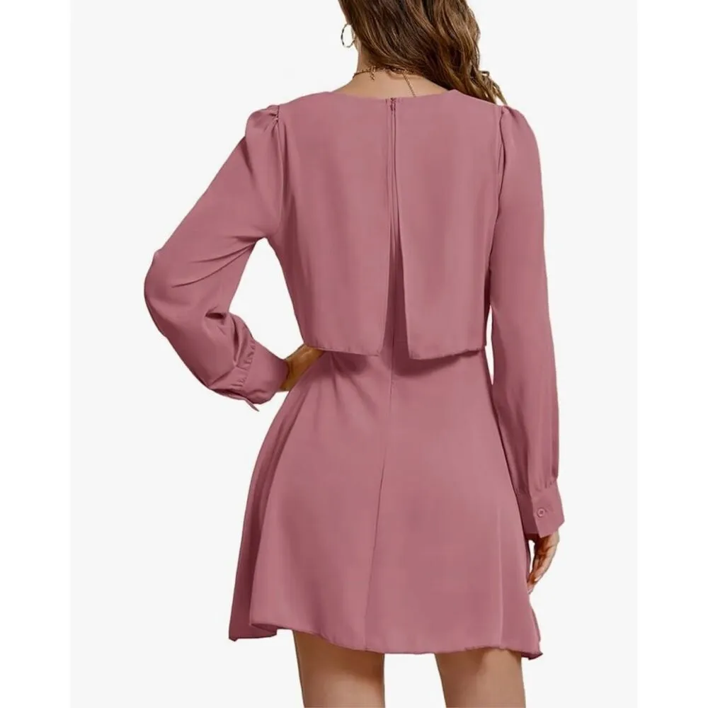 NEW LYANER Long Sleeve Layered Ruffle Hem A Line Mini Dress XL Pink - Image 2