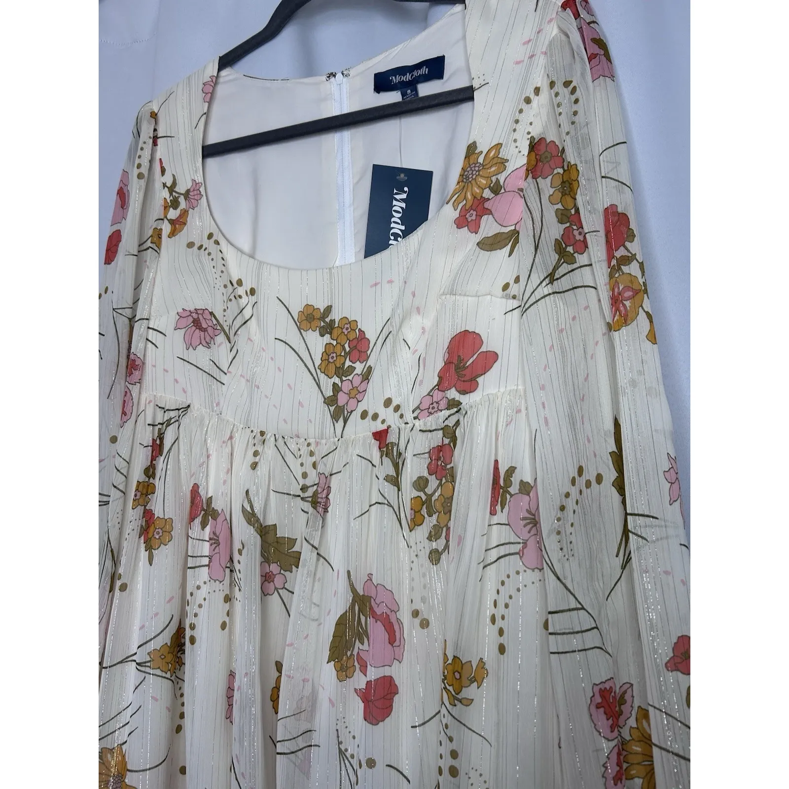 Modcloth Sweet Sixties Sz 8 Baby Doll Dress Bell Sleeves Cream Silver Boho NWT - Image 4