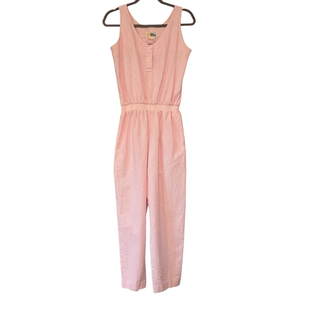 Vtg Reyn Spooner Cotton Seersucker Pink/White Sleeveless Belted Jumpsuit Sz S Pink - Image 3