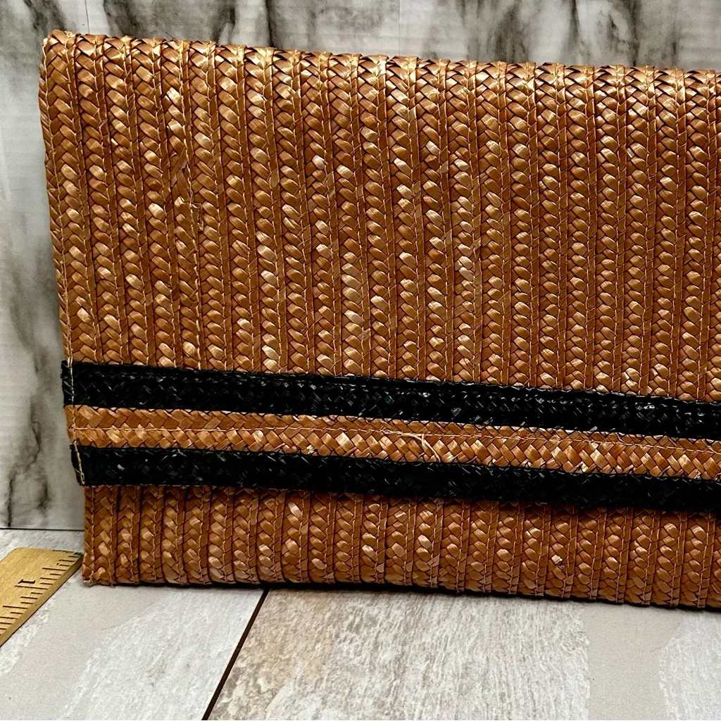 Natural Rafia Envelope Clutch Navy Stripe Vintage 60s 70s Disco Nautical Classic Brown - Image 2