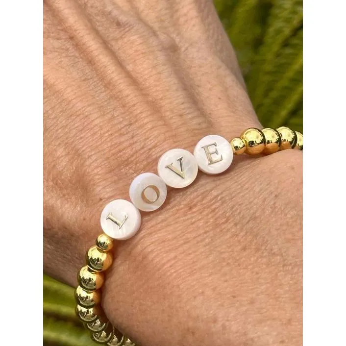 Gold Filled 4mm 6mm LOVE mother of pearl Beaded Stackable Handmade Bracelet - Image 2