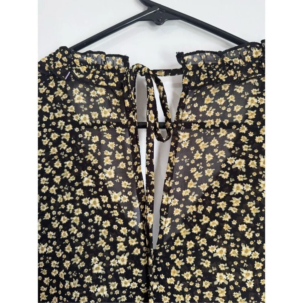 Aemi+Co Womens Black Floral Ruffled Puffy Sheer Babydoll Blouse sz S Boho Dainty - Image 6