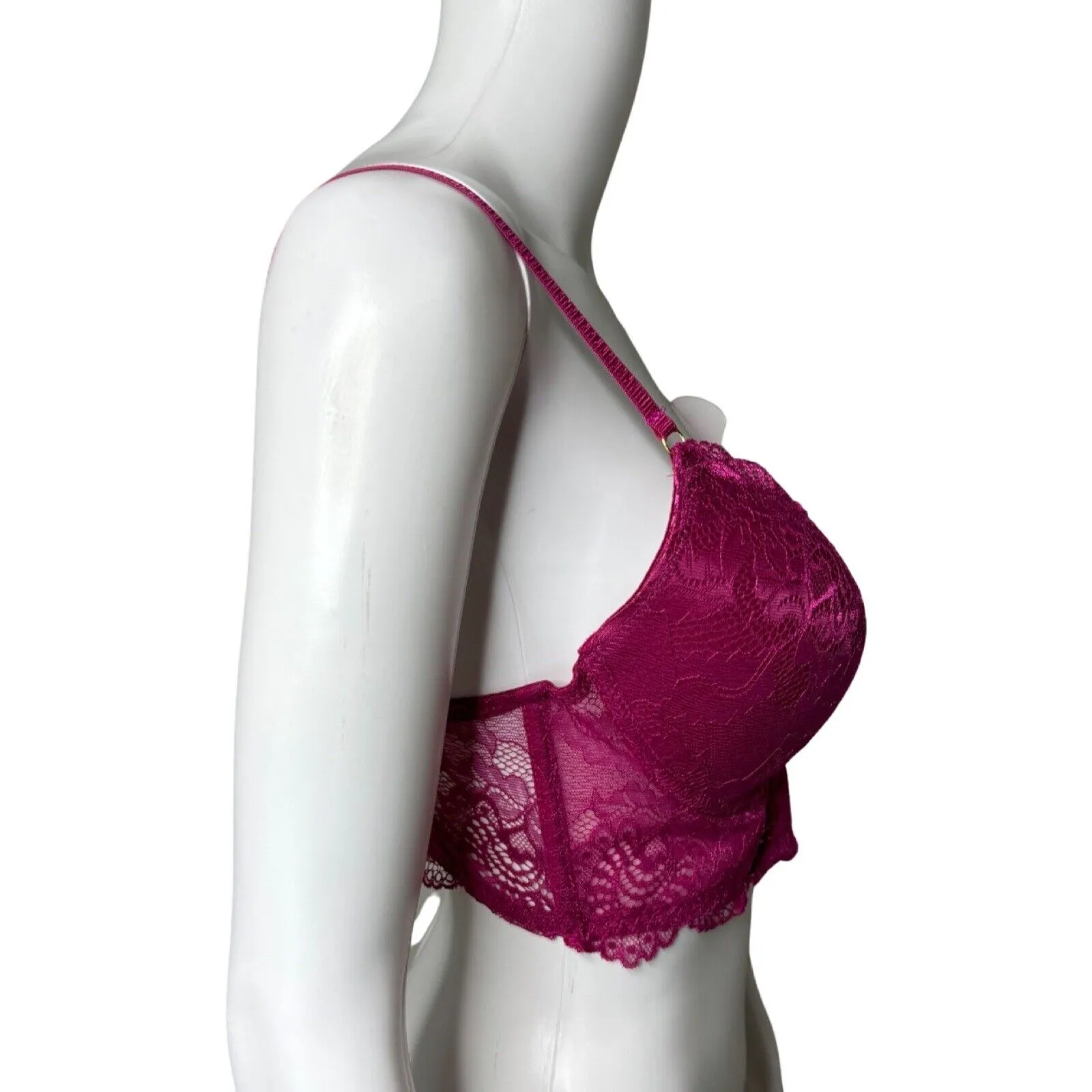 Daisy Fuentes Bra‎ Womens 34C Fuchsia Pink Lace Longline Plunge Padded Underwire - Image 3
