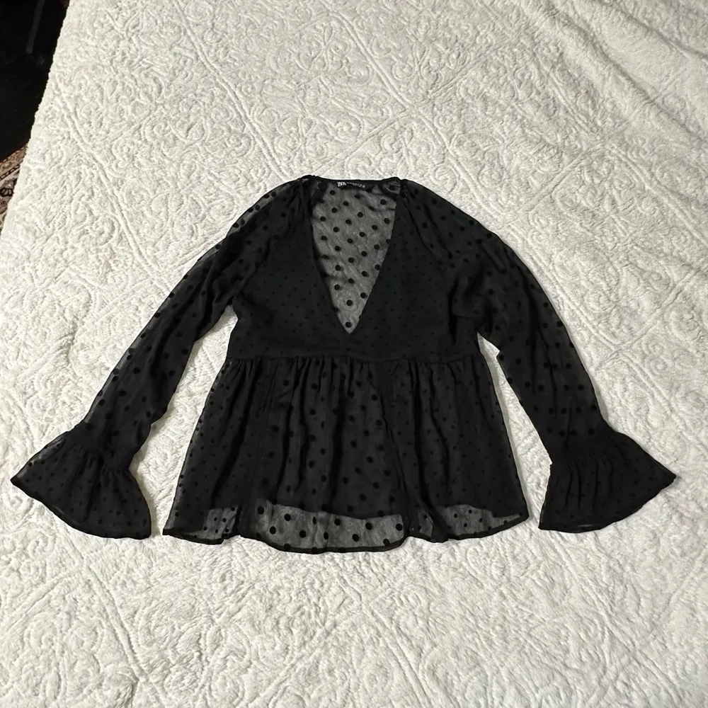 ZARA Black Sheer Velvet Polka Dot V Neck Plunge Bell Sleeve Blouse Swiss Dot Top - Image 2
