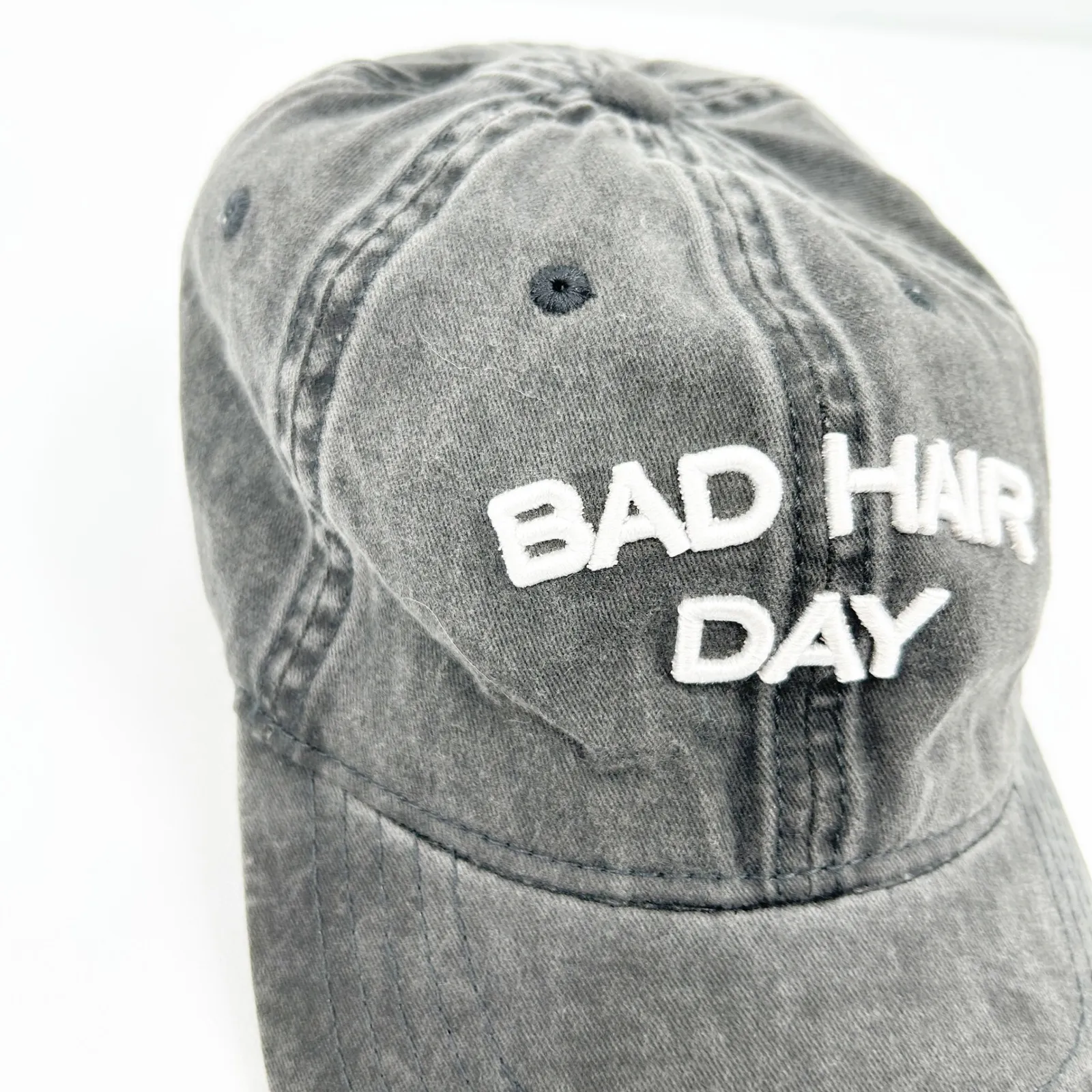 Womens Bad Hair Day Embroidered Baseball Cap Hat Washed Black Adjustable OS - Image 2