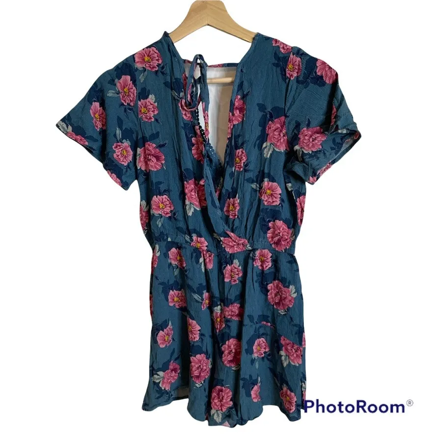 XHILARATION Dark Floral Blue Pink V Neck‎ Lace Trim Romper Cover Up Dress Small - Image 4