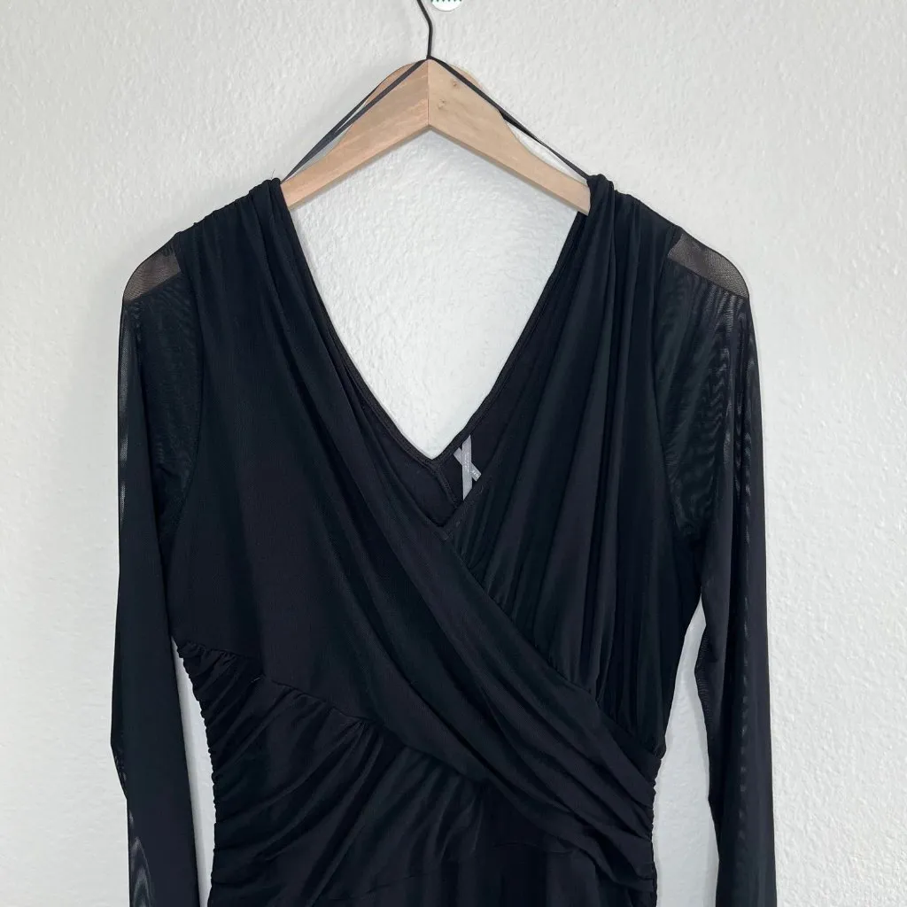 Anthropologie Black Sheer Mesh V-Neck Long Sleeve Mini Cocktail Dress Size Large - Image 4