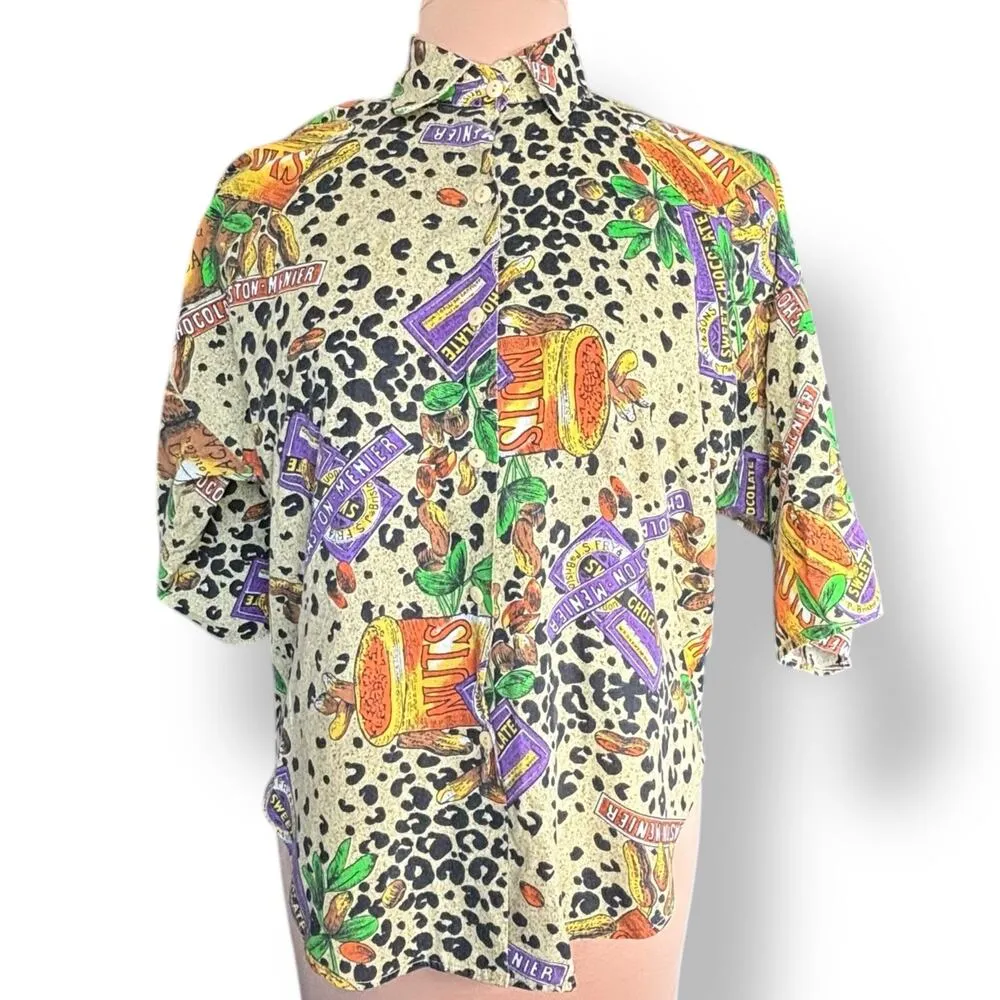 Vintage 90s KWBL Chocolate Nuts Candy Leopard Animal Print Shirt Novelty Medium Black - Image 2