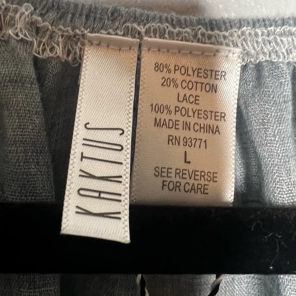 Kaktus NEW Blue White Chambray Boho Peasant Lace Tie Top 3/4 Balloon Sleeve L Size L - Image 5