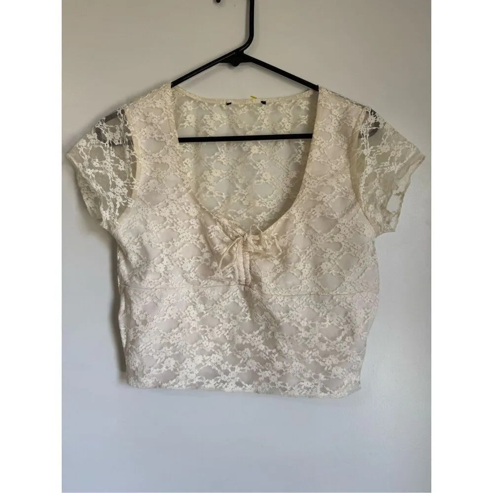Women's White‎ Floral Sheer Lace Tie Front Top sz S Beachy Y2K Dainty White - Image 2