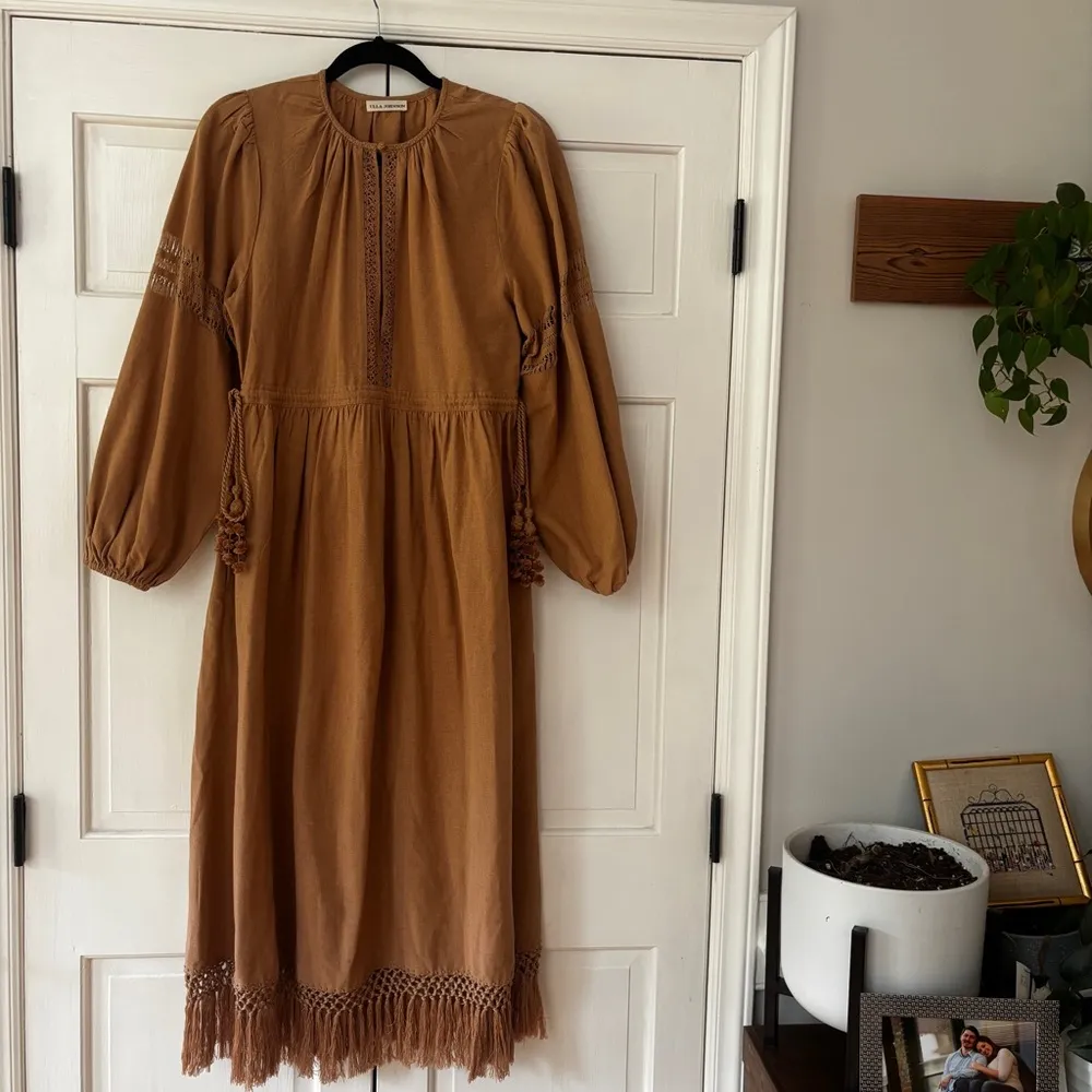 Ulla‎ Johnson Raw Silk Kalea Midi Dress Clay Size 4 Fringe Boho Bohemian Fringe - Image 3