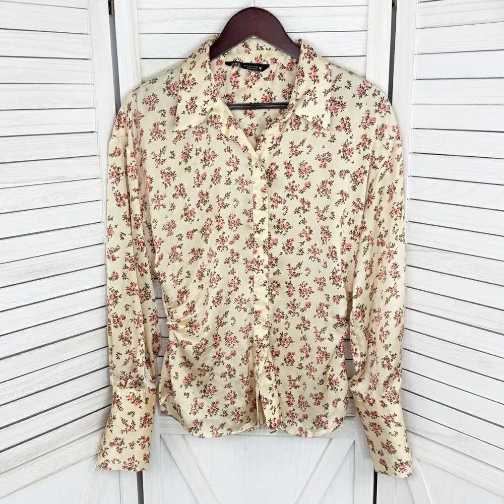 Zara Satin Floral Print Ruched Sides Blouse Cream Pink Small Button Front - Image 9