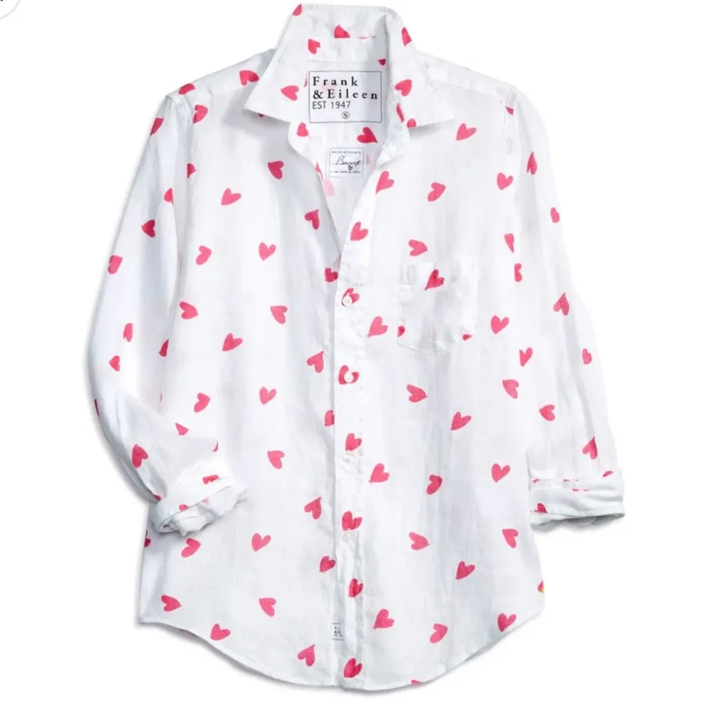 Frank & Eileen XXS Barry Button Up White Shirt Pink Hearts Linen - Image 10