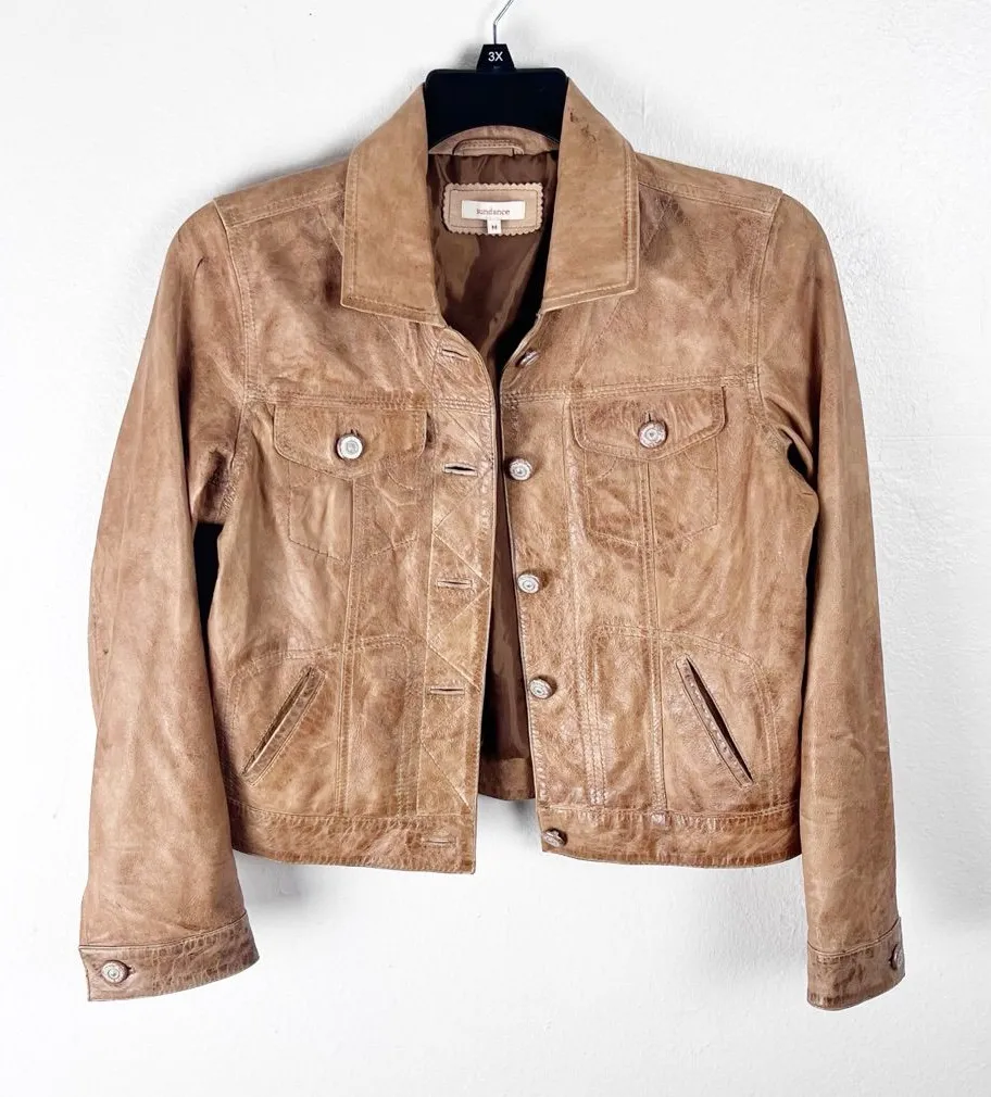 SUNDANCE 100% Leather Brown Ridge Rider Button Pockets Lined Jacket Medium - Image 1