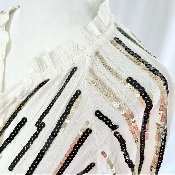 New  Sequin Striped Tassel Tie Peasant Top Ivory Black Gold - Image 7