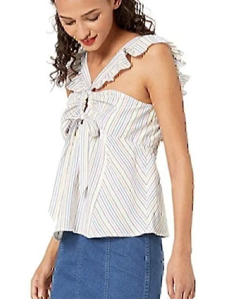 ELLAS MOSS Carol Ruffle Cap Sleeve Square Neck Top White Pink Blue Convertible XS - Image 4