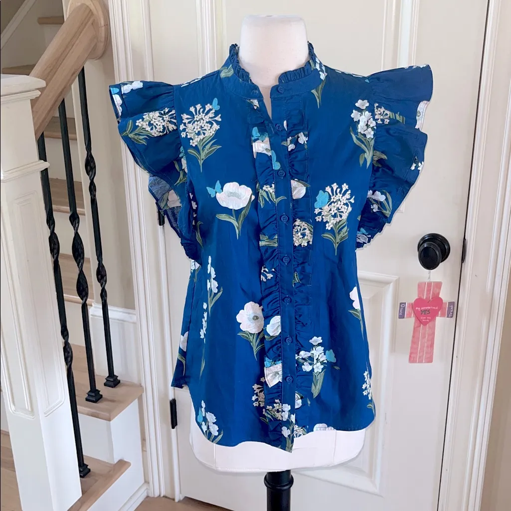 Sugarlips Avara Anita Top Blue Cotton Floral Blouse Flutter Sleeve New - Image 5