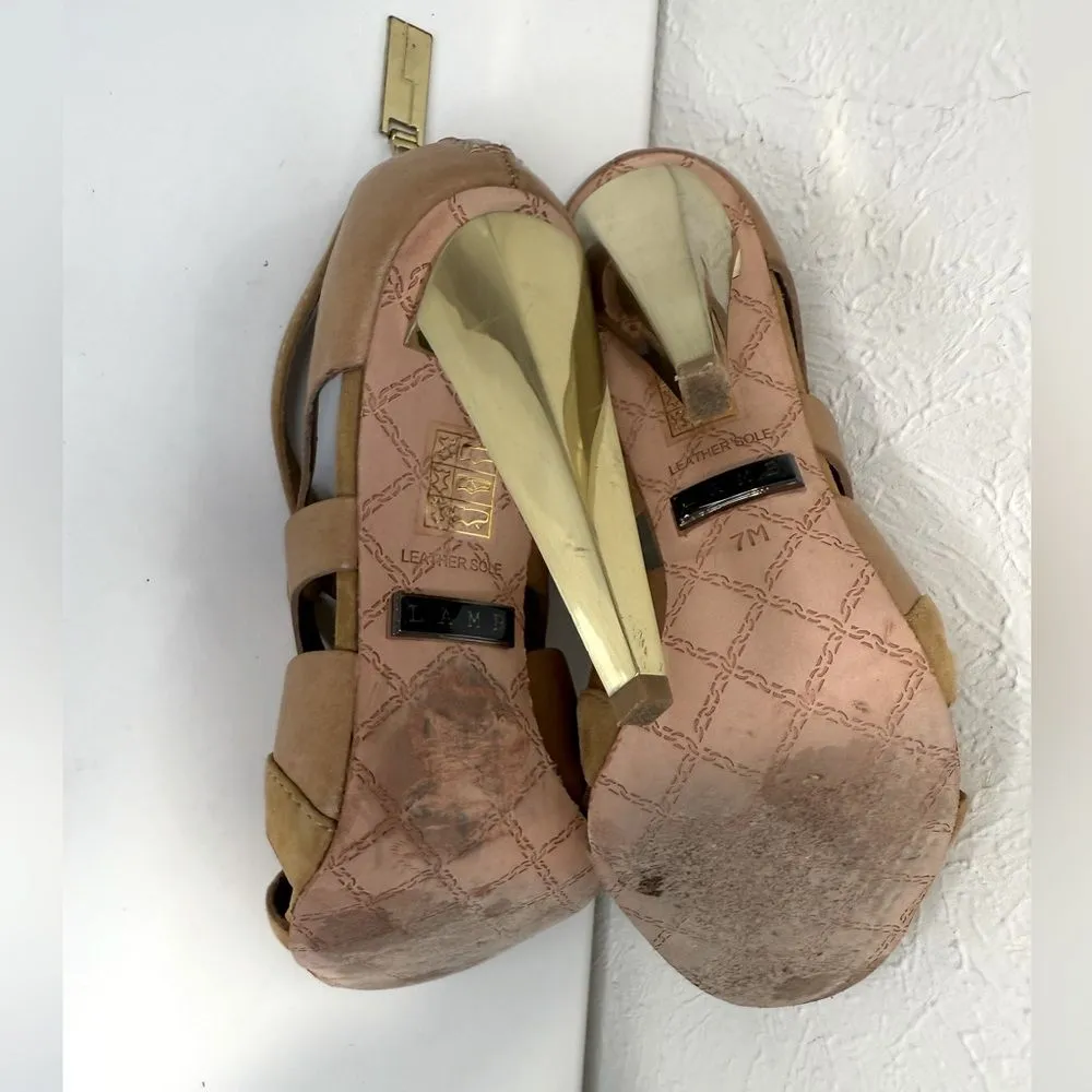 L.A.M.B. Dominica Tan Peep-Toe Gold Heel size 7 - Image 6