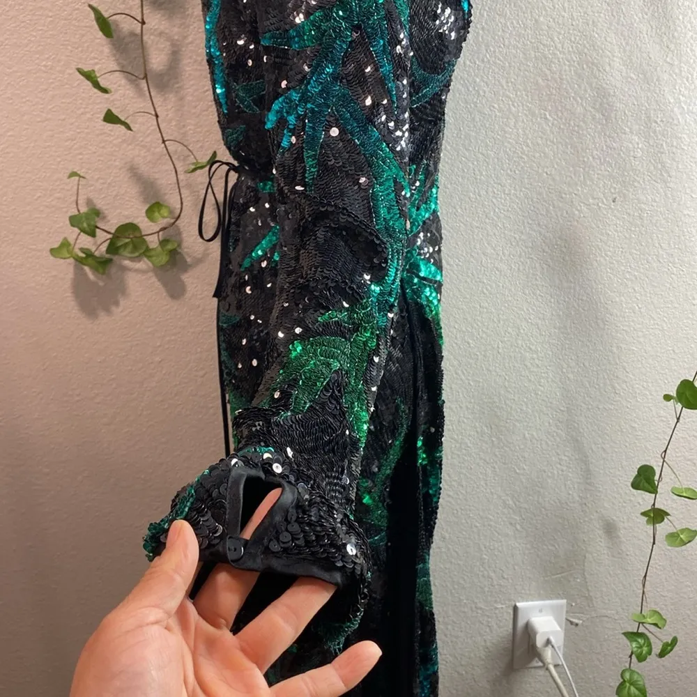 ATTICO Elegant‎ Sequin Wrap Dress Black and Green, Long Sleeve Maxi Dress Size40 Blue Size 40 - Image 6