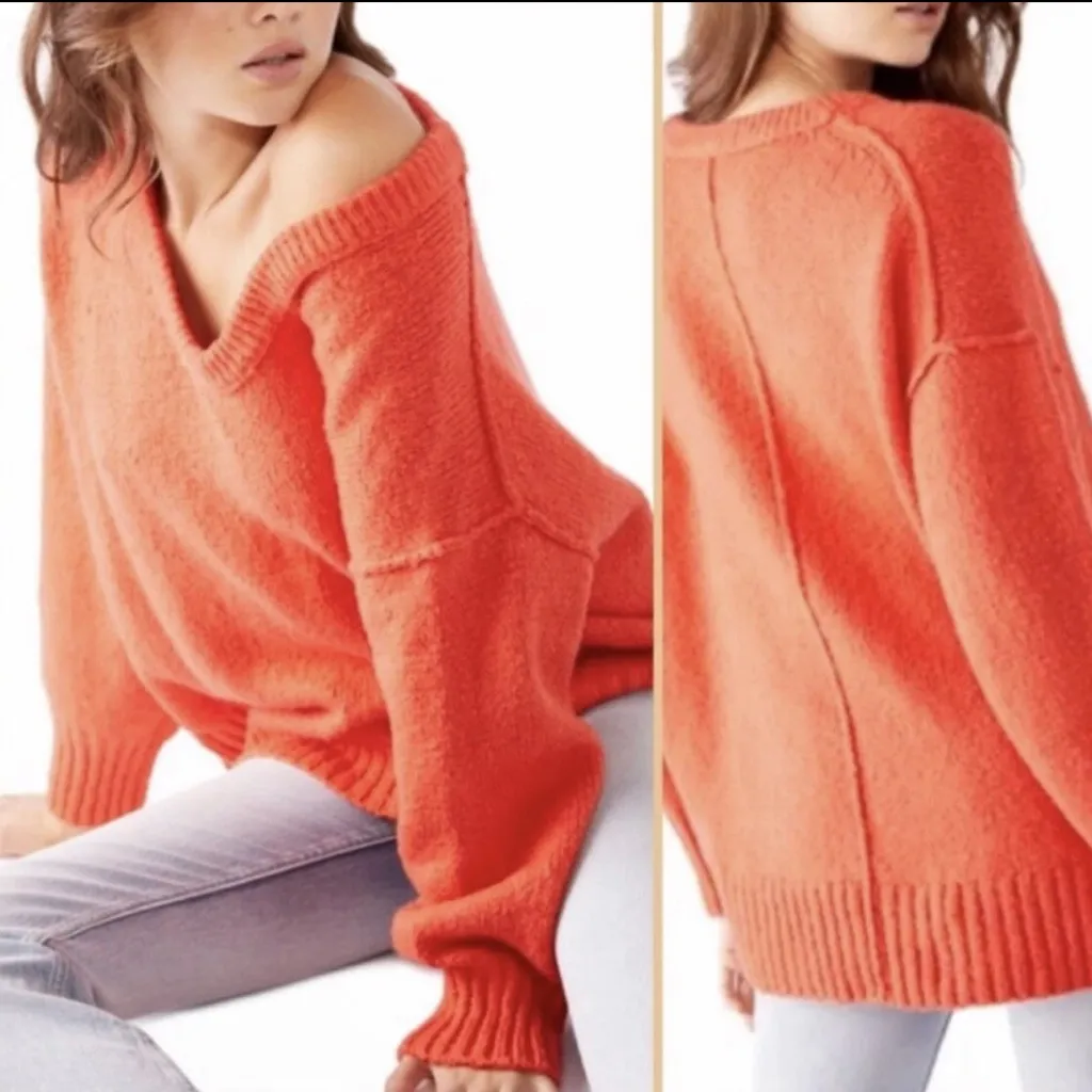 Free People Brookside Tunic Sweater Scoop Neck Oversized Orange - Image 2