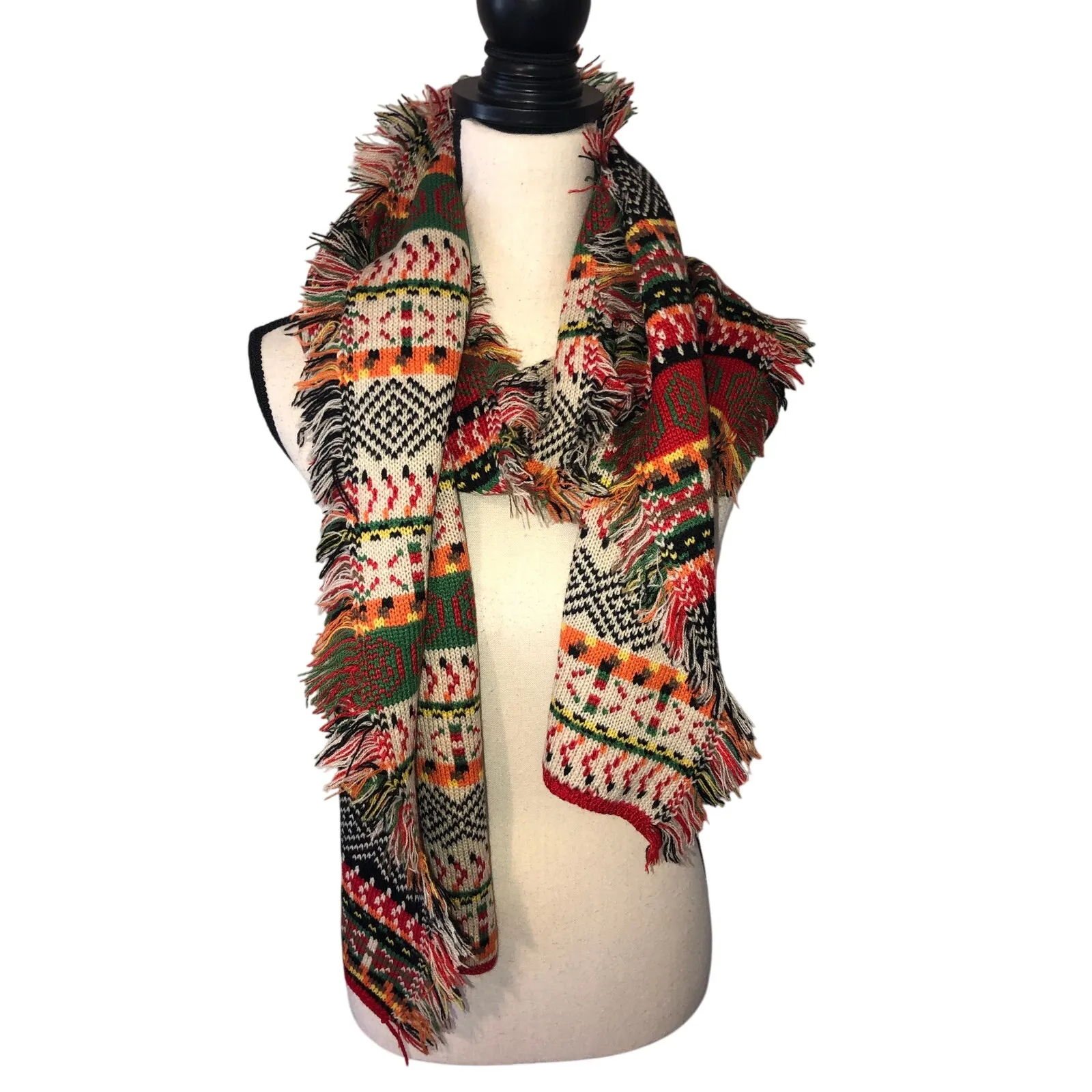 Knit Scarf Faire Isle Fringe Color Block Geometric Red Multi Reversable Long - Image 3